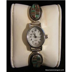 Pictorial Signed Sterling Watch Tips Inlaid with Rainbow Calsilica