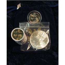 311. Royal Blue Felt Bag "World Reserve Certified Monetary Exchange" containing a half roll Iowa Sta