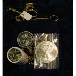 312. Royal Blue Felt Bag "World Reserve Certified Monetary Exchange" containing a half roll Iowa Sta