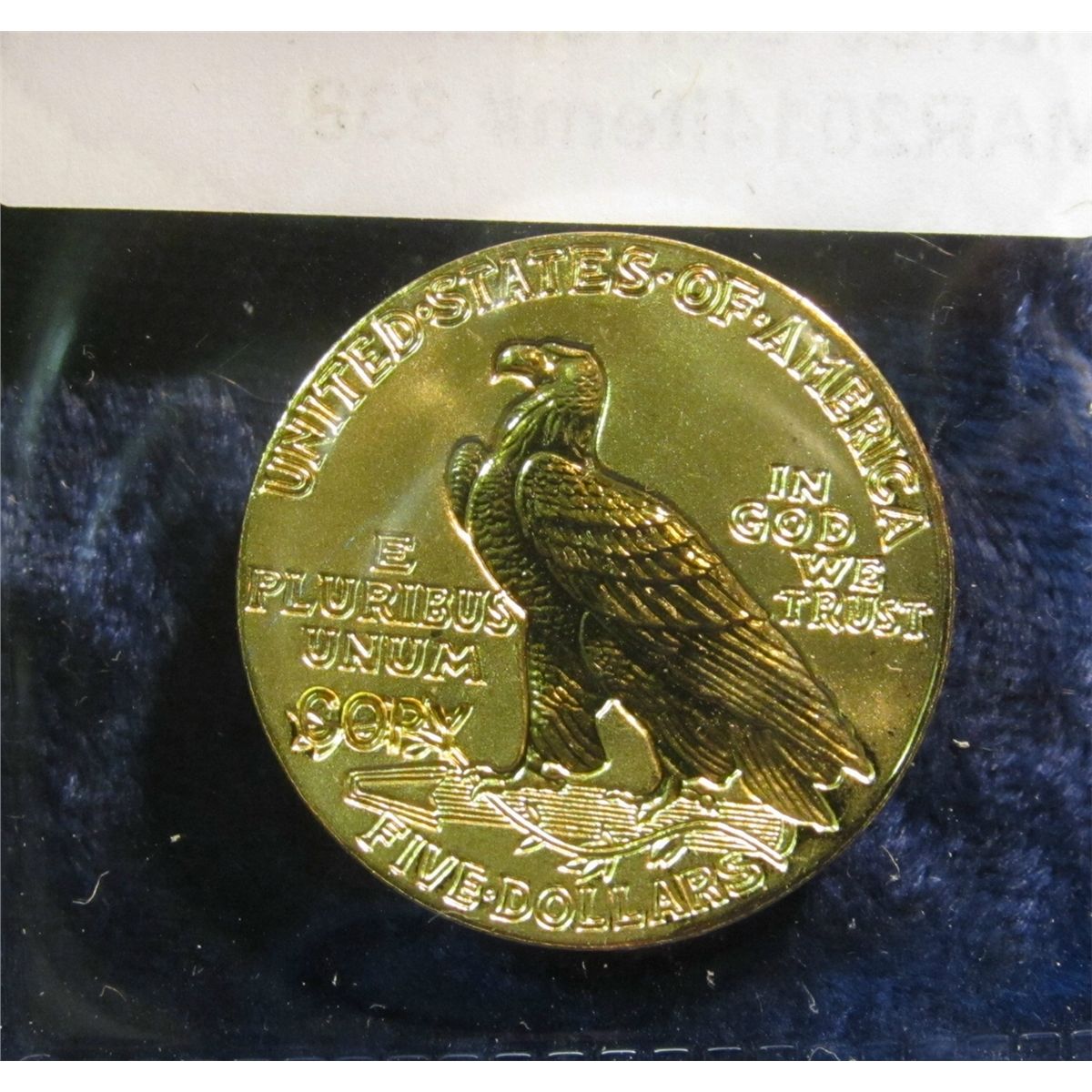 838. Oversized 1929 5 Indian gold coin, goldplated, marked COPY