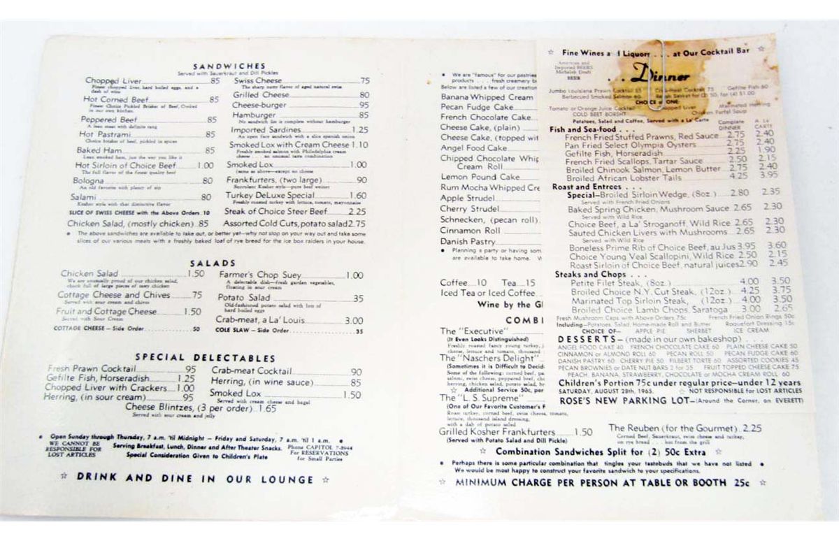 C. 1950'S ROSE'S RESTAURANT MENU - PORTLAND, OREGON