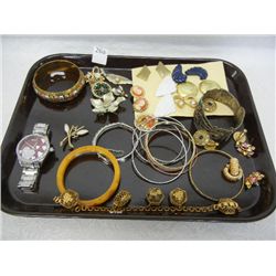 Costume Jewelry: 10 Earrings, 7 Brooches, 12 Bracelets, and 1 Watch