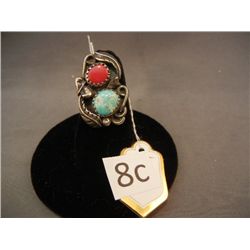 Silver Ring, size 4.75 w/ Turquoise and Red Coral