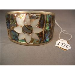 Silver Alpaca Mexico Cuff Bracelet w/ Mother of Pearl and Abalone Shell