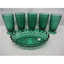 Green American Pattern Fostoria  Green Glass Serving Dish and 5 Glasses