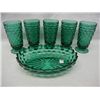 Image 1 : Green American Pattern Fostoria  Green Glass Serving Dish and 5 Glasses