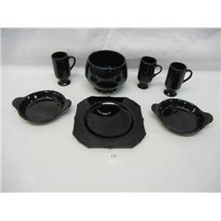 Frankoma Black Pottery Bowl, 2- Bel-Terr Au Gratin Mini Cass. Dishes, 3- Mini Mugs,1 Plate