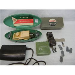 Singer Button Holier, Necchi Button Holier, Singer Sewing Motor Controller, and Green Plastic Marble