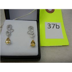 Sterling Silver Drop Earrings w/ Pear-Shaped Citrine Gemstones and White Sapphires