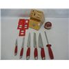 Image 1 : Kitchen Aid Red Handle Knifes w/ Block, Red Kitchen Aid Timer, and 5-Red Outlet and Switch Covers