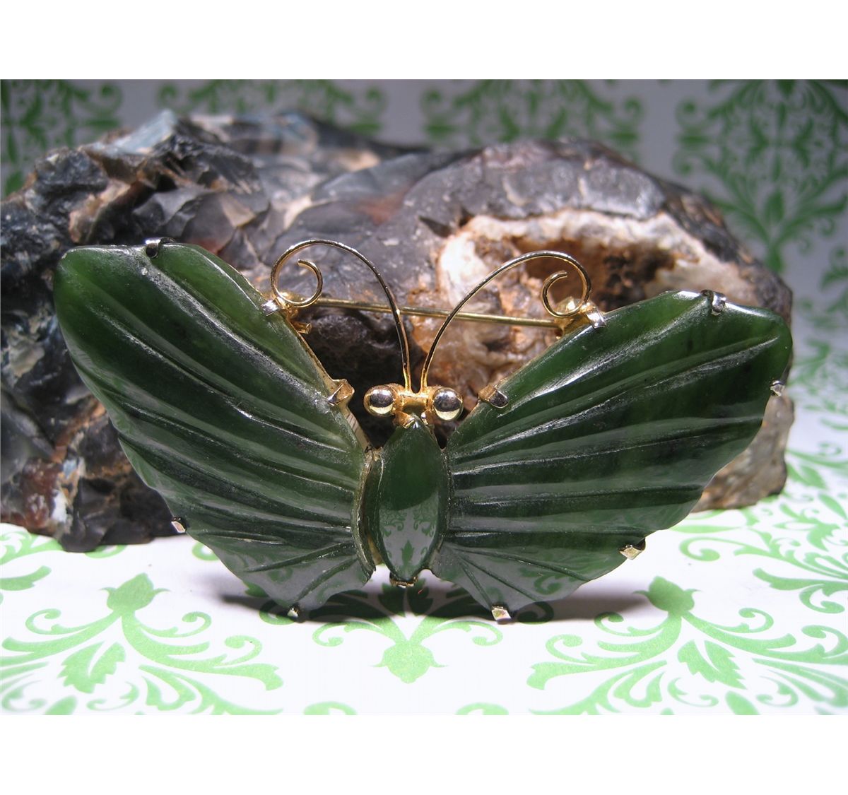VINTAGE STERLING SILVER & JADE BUTTERFLY BROOCH LARGE STUNNING