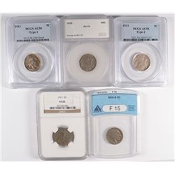 Slabbed Buffalo Nickels (13 I, 13 II,15,16-S,17) F/AU