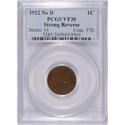 1922 (NO D) LINCOLN CENT PCGS VF-20 (STRONG REVERSE)