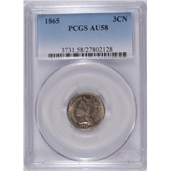 1865 THREE CENT NICKEL PCGS AU-58