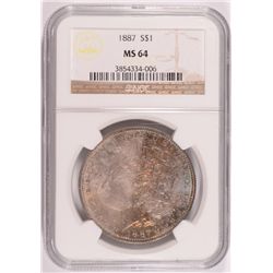 1887 MORGAN DOLLAR NGC MS-64 RAINBOW COLOR OBVERSE, WHITE REVERSE