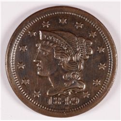 1849 LARGE CENT AU-58 LIGHT MARKS REV.