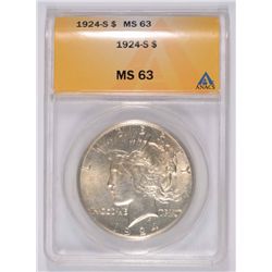 1924-S PEACE SILVER DOLLAR, ANACS MS-63  WHITE
