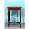 Image 1 : Walnut sewing table, black border, intarsia decor with bird and flowers on top, shaped feet, inte…