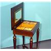 Image 3 : Walnut sewing table, black border, intarsia decor with bird and flowers on top, shaped feet, inte…