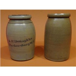 2 pcs. -  2 qt stoneware canning jar, marked “A.Donaghho, Parkersburg, W.V.”, salt glaze &  2 qt. ca