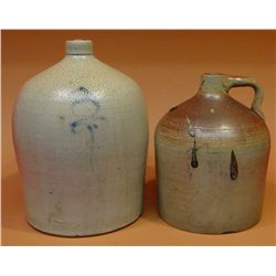 2 pcs.- 3 gal. stoneware jug w/ drop "p", unmkd. & 2 gal, jug, salt glaze, unmkd, chip on base