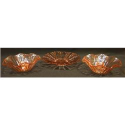 Pink depression candy dish &  pr. of candle holders