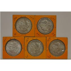 5 Morgan Dollars, 1885, 1921-S, 3- 1921