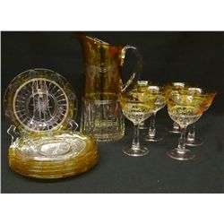 Crystal pitcher, 6 stemmed goblets, 6 dessert plates, yellow w/etched design, 13 pcs. total