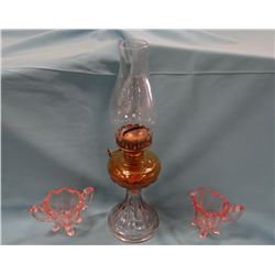 Pink depression creamer & sugar, footed; kerosene lamp, w/ amber bowl