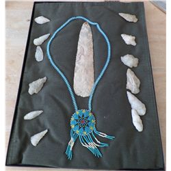 Frame of Native American Necklace and Points
