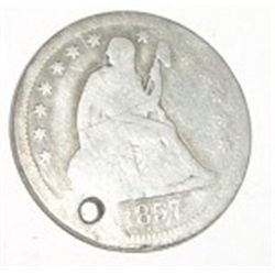 1857 *CLEAR DATE-HOLED* VARIETY 1 LIBERTY SEATED SILVER QUARTER DOLLAR RED BOOK VALUE $25.00+ *NICE
