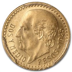 Mexico 1945 2 1/2 Pesos Gold Coin MS-68 PCGS