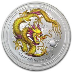 2012 1 oz Silver Year of the Dragon Yellow Colorized Co