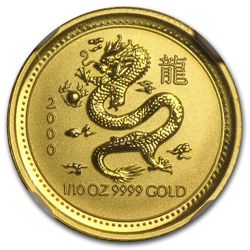 2000 1/10 oz Gold Year of the Dragon Lunar Coin (SI) MS