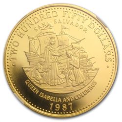 Bahamas 1987 Gold 250 Dollars Columbus PF-68 UCAM NGC