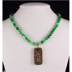 Green Jade Beaded Charm Necklace with Slab Jade Pendant