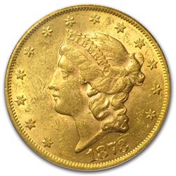 1873 $20 Gold Liberty Double Eagle - (Open 3) - AU-58 P