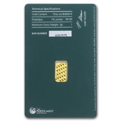 1 gram Perth Mint Gold Bar .9999 Fine (In Assay)