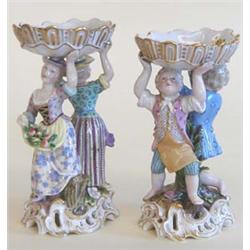 PAIR OF MEISSEN PORCELAIN FIGURAL SALTS German. 19th Century. Underglazed blue crossed swords and...
