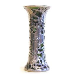 FINE ALVIN SILVER OVERLAY GREEN GLASS VASE American. Circa 1910. The cylindrical vessel with spre...