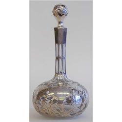 VERY FINE ALVIN STERLING SILVER OVERLAID CLEAR GLASS DECANTER American. Circa 1910. With globular...