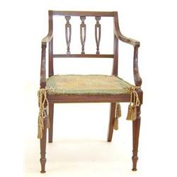 GOOD GEORGE III MAHOGANY ARM CHAIR English. Circa 1800. The reeded top rail above the pierced bac...