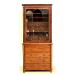 GEORGE III INLAID MAHOGANY SECRETAIRE BOOKCASE English. Circa 1810. In two parts. The molded corn...