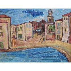 ISIS KISCHKA (French. 1908-1974) "St. Tropez-Le Village". Signed Kischka l/r. Also signed on the...