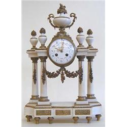 EMPIRE STYLE GILT BRONZE MOUNTED WHITE MARBLE MANTEL CLOCK French. 19th Century. Movement stamped...