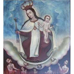 CUZCO SCHOOL (19th Century) "Madonna and Child". Unsigned. Oil on Canvas. Measuring 30" by 27 1/2...