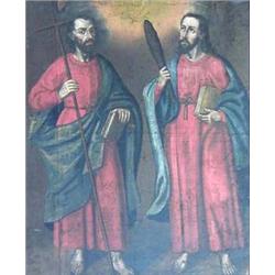 CUZCO SCHOOL (19th Century) "Jesus Christ and John the Baptist". Unsigned. Oil on Canvas Laid Dow...