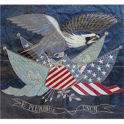 SILK EMBROIDERY OF THE AMERICAN SEAL 19th Century. The screaming bald eagle holding various flags...