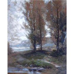 HENRI HARPIGNIES (French. 1819-1916) "Wooded Landscape by Lake". Signed H. Harpignies l/r. Waterc...