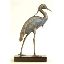RENE ROCHARD (French. 20th Century) "Heron". Signed in the marble base Rochard. Polychromed Metal...